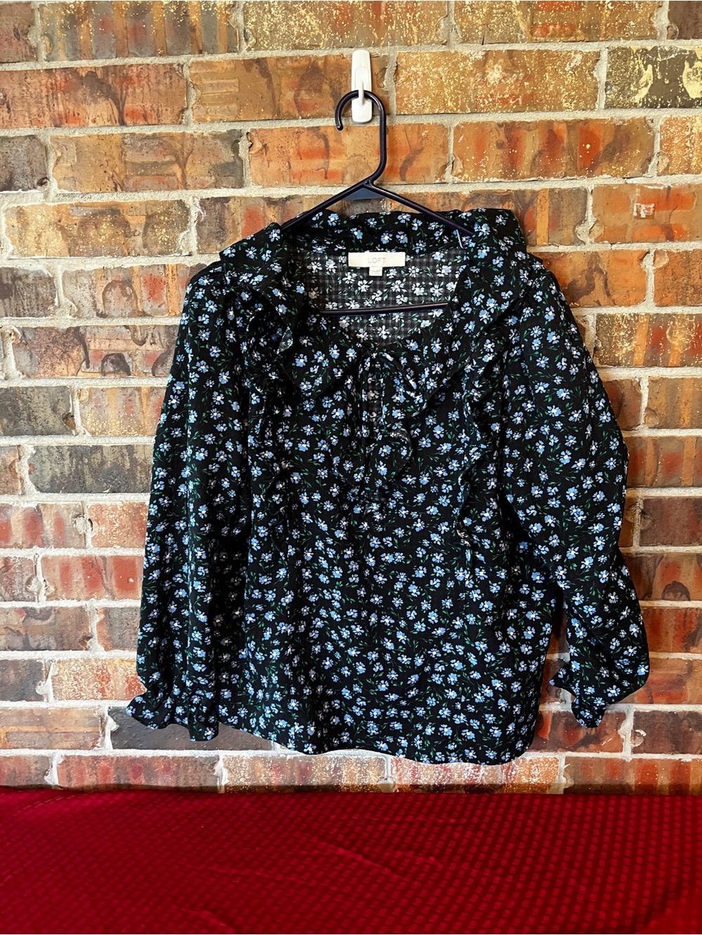 LOFT Black Blouse with Blue Floral Ruffle Neck